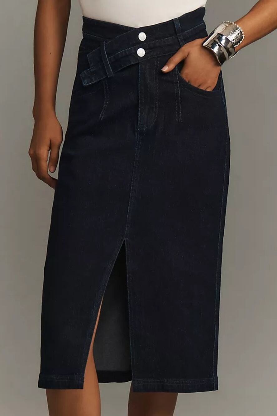 Anthropologie Pilcro NWT Arden Double-Waist Midi Skirt Denim Dark Blue Sz 14